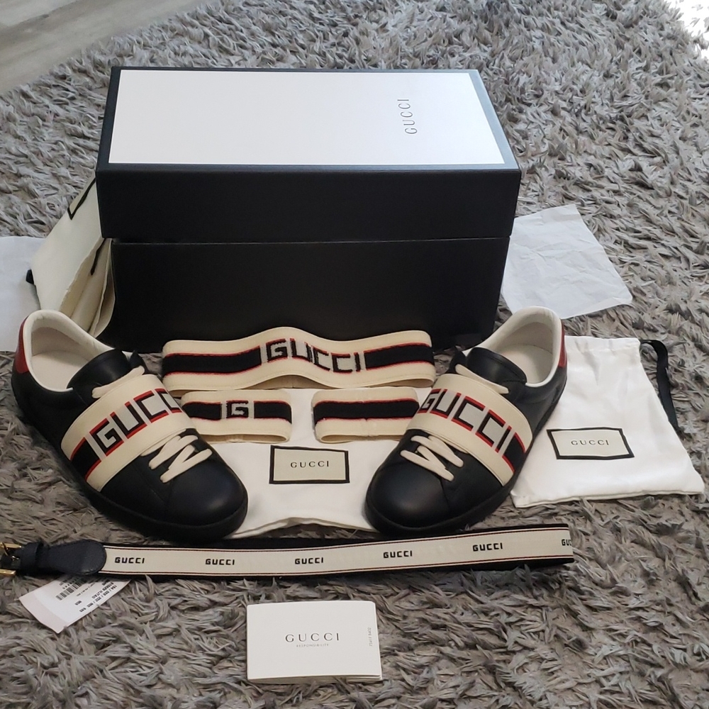 New Gucci belt; used men shoes, head band, and wrist bands (excellent condition)